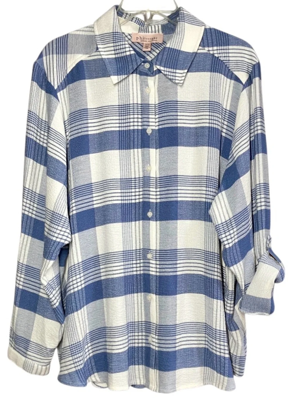 Philosophy Plaid Long Sleeve in Blue/Creamy White Women’s 1X - Picture 2 of 8